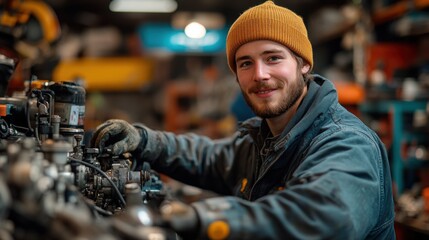 Young male automotive technician repairing a car engine in a busy garage workshop setting.