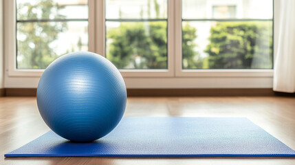 Blue yoga mat with pilates ball in modern fitness studio, closeup.