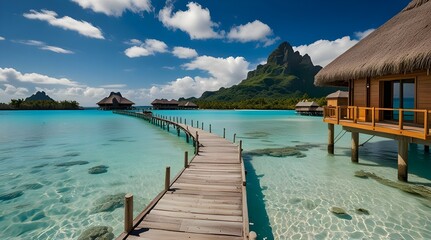 Luxury overwater villas on blue lagoon, white sandy beach and Otemanu mountain at Bora Bora island, Tahiti, French Polynesia. generative.ai
