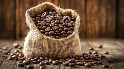 A bag of coffee beans is sitting on a wooden table. The beans are scattered around the bag, and some are piled up in the center. Concept of abundance and richness, as the coffee beans are plentiful