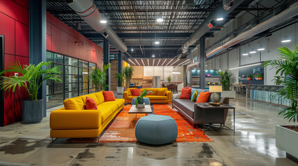 comfortable breakout areas within the warehouse using lounge seating, soft lighting, and colorful decor. These spaces can serve as relaxation zones, collaborative meeting areas, or casual workstations