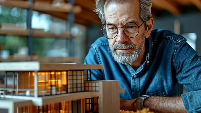 A team of astute Caucasian architects and engineers measuring a house model together.
