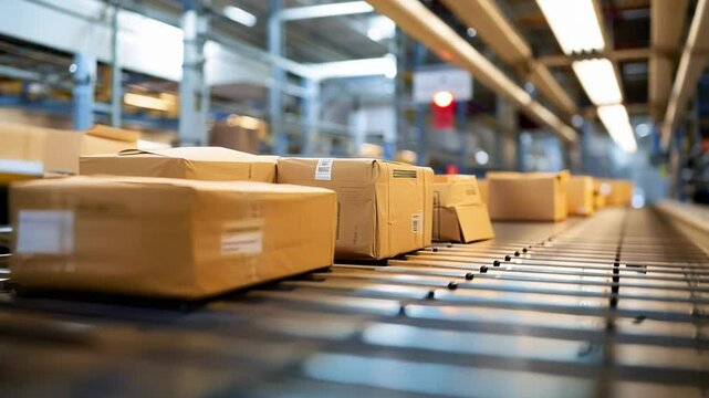 Cardboard boxes moving on conveyor belt in busy warehouse. Preparing for shipment. Captures logistics industry with modern equipment and technology. Glimpse into world of ecommerce and online shopping