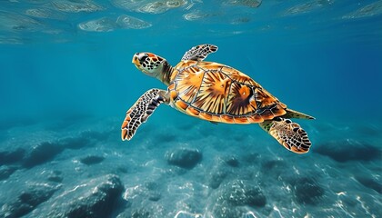Obraz premium realistic photographer A tropical turtle swimming in a clear blue ocean.
