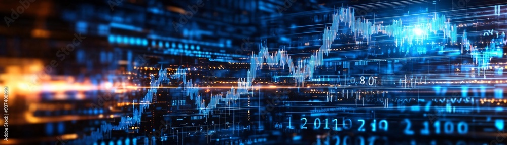Poster dynamic digital graph with data streams and glowing lines representing financial growth and technolo