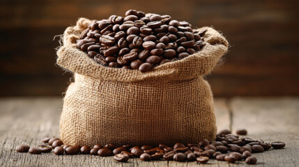 A bag of coffee beans is sitting on a wooden table. The beans are scattered around the bag, with some of them falling out of the bag. Concept of abundance and richness