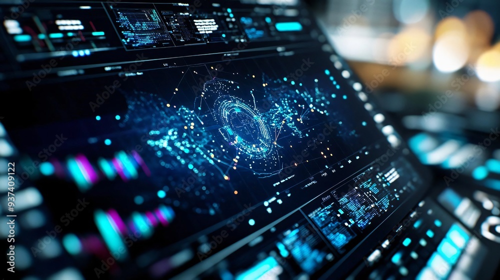 Poster futuristic interface displaying complex data visualizations and digital graphics, ideal for technolo