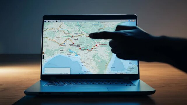 Exploring digital maps and navigation tools on a laptop at night in a cozy workspace environment