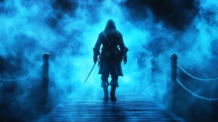 Fototapeta premium A mysterious figure walks through a foggy, blue atmosphere, evoking a sense of adventure and intrigue.