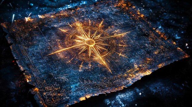 A mesmerizing celestial compass design on an ancient, illuminated map surrounded by cosmic stars.