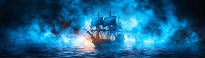 Fototapeta premium A mystical ship sails through vibrant blue mist, creating an enchanting scene on the tranquil waters of adventure and mystery.