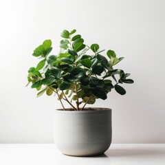 Modern minimalistic close-up photograph of a green indoor potted plant on a white table, ideal for home decor and indoor gardening inspiration.