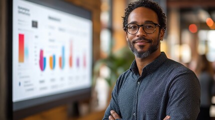 Confident black male marketing manager presenting strategy in a modern boardroom during daytime