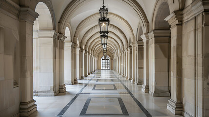 Fototapeta premium A dimly lit hallway with columns and a ceiling with a vaulted ceiling generative ai