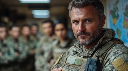 Fototapeta premium Experienced male military officer leading strategic planning with diverse troops in command room