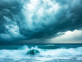 Fototapeta premium Dark Storm Clouds Over Ocean Waves - Realistic Image