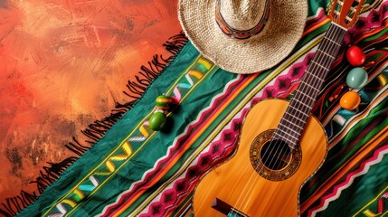 A Colorful Mexican Blanket, Guitar, and Sombrero with Maracas