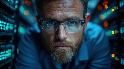 Male network administrator configuring equipment in a server room at night