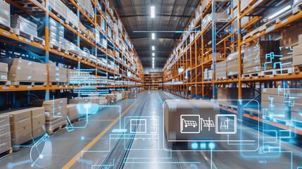 a smart warehouse with integrated technology, including automated storage systems, digital inventory tracking, and IoT devices