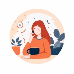 Illustration of a Woman Drinking Coffee and Taking a Phone Call - Cozy Home Office Environment with Plants