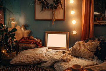 Blank Mockup poster frame in bedroom Scandinavian, 3d render