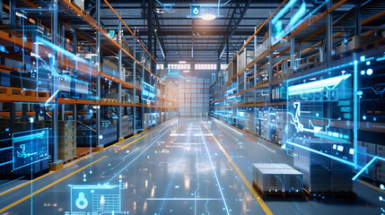 a smart warehouse with integrated technology, including automated storage systems, digital inventory tracking, and IoT devices