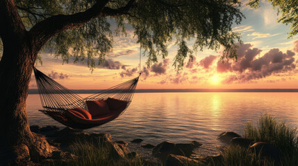 A red hammock is hanging over a body of water. The sun is setting, casting a warm glow over the scene. The hammock is positioned near a tree, providing a serene and relaxing atmosphere