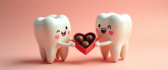 Cute Cartoon Teeth Happily Sharing Valentine's Chocolate Against Pink Background