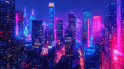 Fototapeta premium Urban Nightscape Featuring Vibrant Neon Lighting