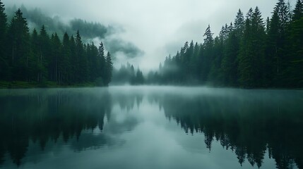 Fototapeta premium Misty Lake with Evergreen Forest Reflection - Photo