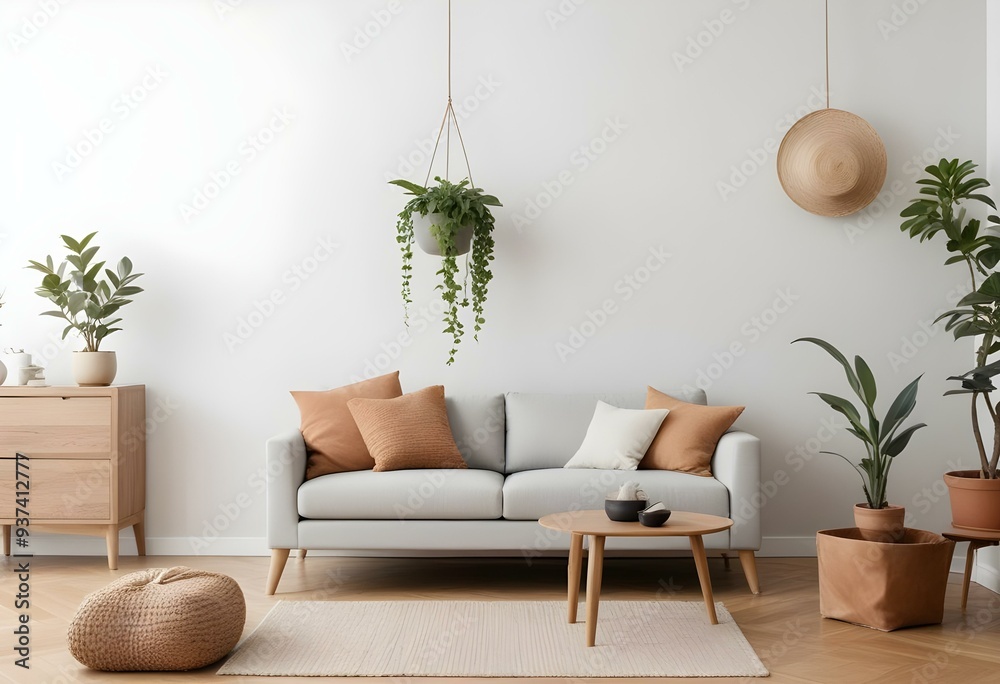 Wall mural a modern living room with a gray sofa, a hanging plant, and minimalist wall decor