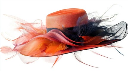 An elegant ladies' hat decorated with bright feathers and silk flowers. On white background