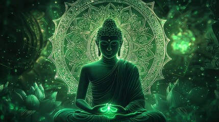Buddha statue in green glow