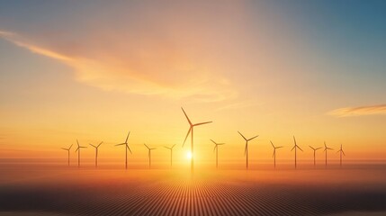 Obraz premium Wind turbines stand tall against a vibrant sunset, casting long shadows across a field of golden sand.