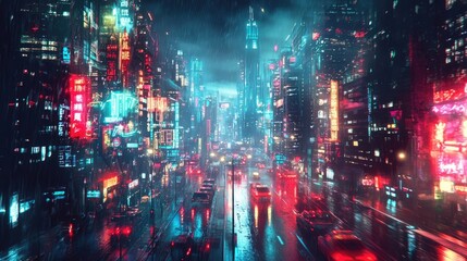 Fototapeta premium Urban Nightscape Featuring Vibrant Neon Lighting