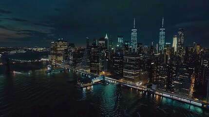 Naklejka premium Aerial view of New York City skyline at night, with illuminated skyscrapers and the East River.