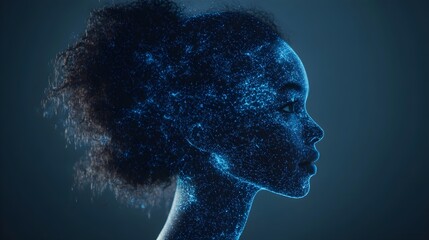 Obraz premium A human silhouette overlaid with intricate digital speech patterns in double exposure, highlighting AI's impact on voice recognition technology, futuristic tones
