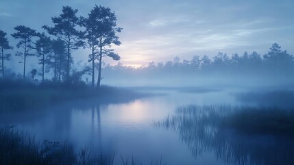Misty Morning Lake and Forest Scene - 3D Illustration