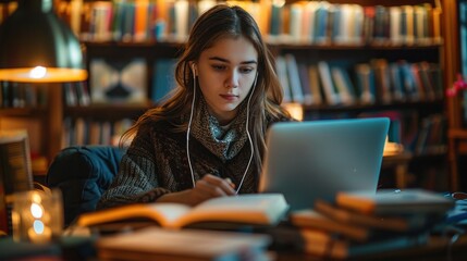 Focused Learning: The college student in the library, surrounded by textbooks and wearing earbuds, diligently types notes into her laptop, her concentration palpable.

