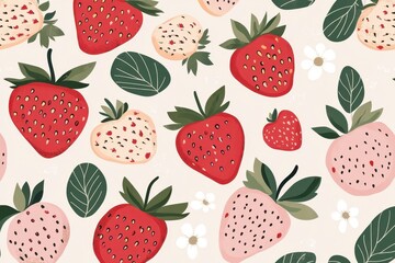 A vibrant pattern featuring various strawberries and leaves on a light background.