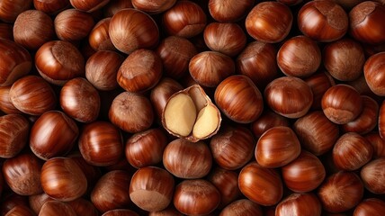 Fototapeta premium Fresh organic chestnuts, glossy brown shells, peeled and whole, 3D illustration