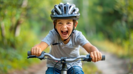 Naklejka premium Joyful Ride: Helmeted and thrilled, a young boy zooms downhill on his bike, gripping the handlebars tightly, his face glowing with excitement and happiness. 