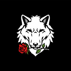 Wolf head and Roses logo vector illustration. It is symbolizing strength, intuition, love, and passion. Ideal for labels, banners, or advertisements. 