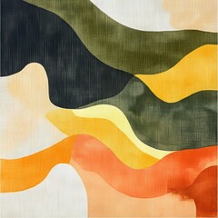 Obraz premium boho organic abstract shapes, sage green, orange, yellow