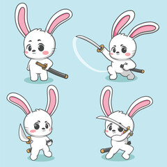 Cute Samurai Rabbit Vector Set Illustration Mascot