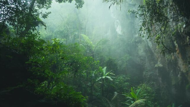 A sweeping panning shot capturing the lush tropical rainforest at the entrance of Hang Son Doong, Vietnam.