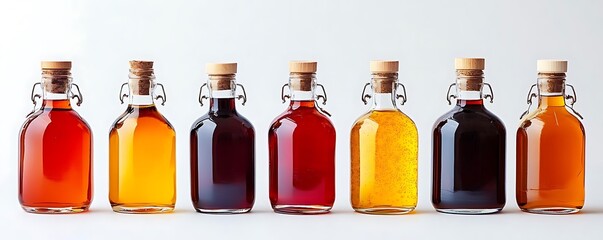 Seven Glass Bottles with Cork Stoppers and Metal Hinges - Realistic Image