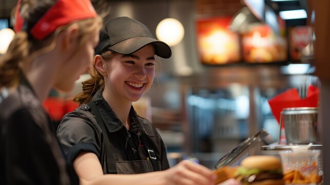 Friendly Fast-Food Worker: Wearing a uniform and visor, the teenager serves a tray of food with a warm smile, ensuring a positive customer experience at the fast-food counter.
