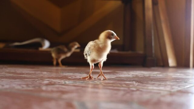 Footage of baby chicks with a chicken walking on a house's floor