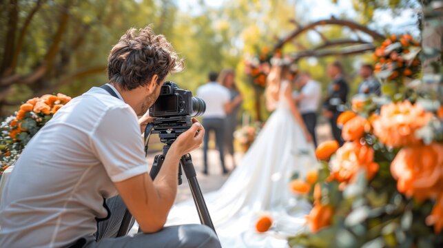 Focused Wedding Shot: A photographer crouches with a camera, professionally capturing the intimate and candid moments of the bride and groom during their wedding.
